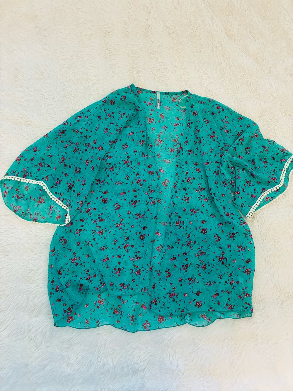 Floral Open-Front Kimono in Teal Green Sheer Elegant Size M